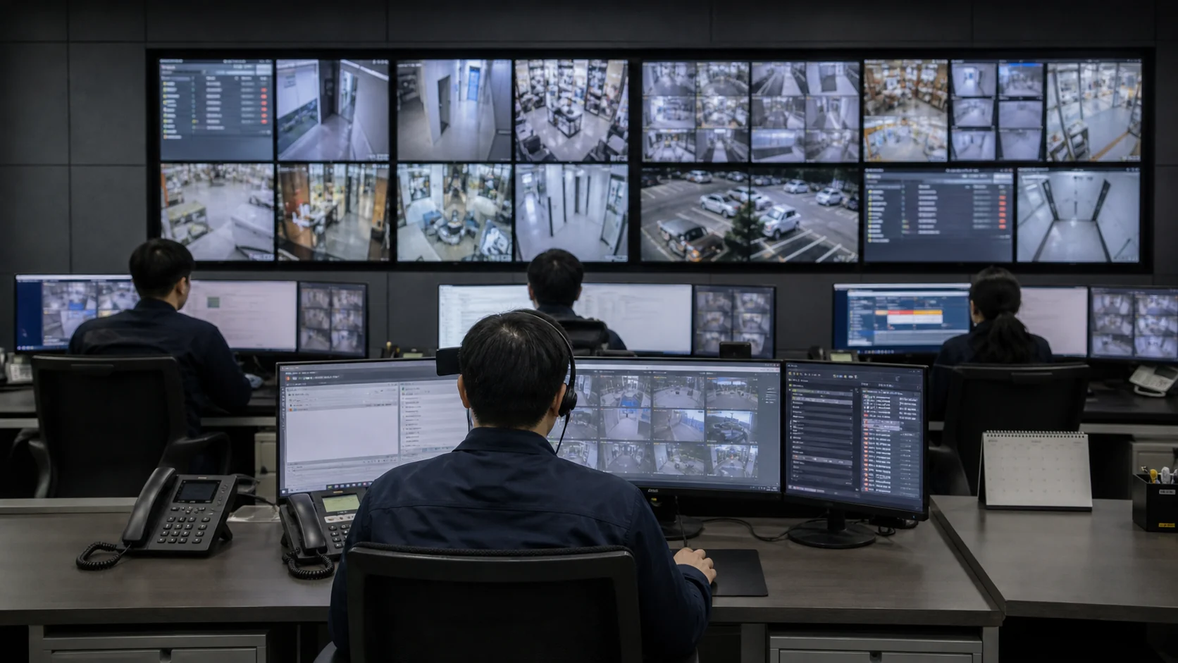 여러 현장의 CCTV 화면과 경보를 확인하는 ADT캡스 상황실 장면